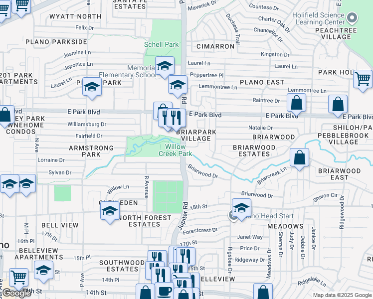 map of restaurants, bars, coffee shops, grocery stores, and more near 2400 Jupiter Road in Plano