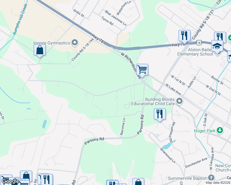 map of restaurants, bars, coffee shops, grocery stores, and more near 165 Pidgeon Bay Road in Summerville