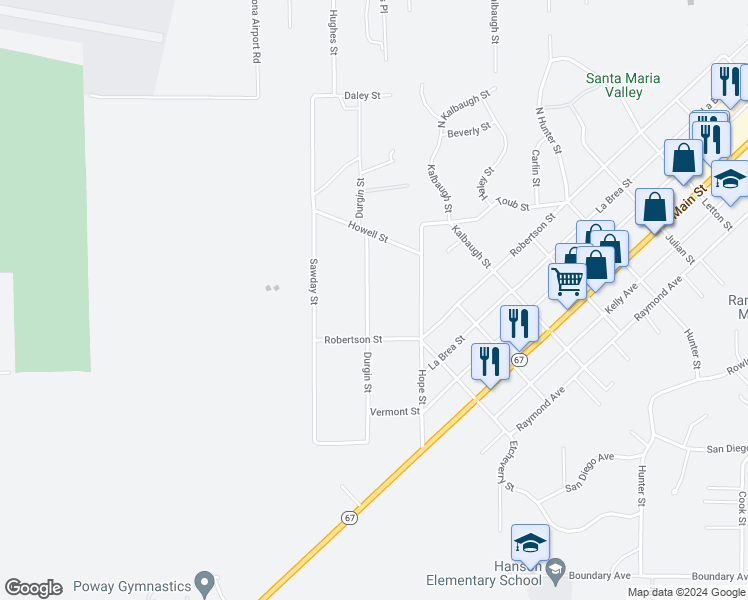 map of restaurants, bars, coffee shops, grocery stores, and more near 237 Durgin Street in Ramona