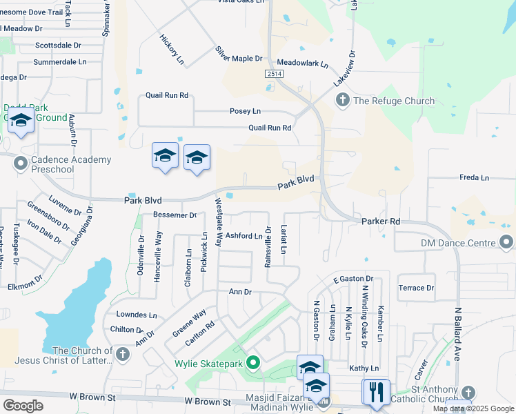 map of restaurants, bars, coffee shops, grocery stores, and more near 700 Cedar Bluff Drive in Wylie