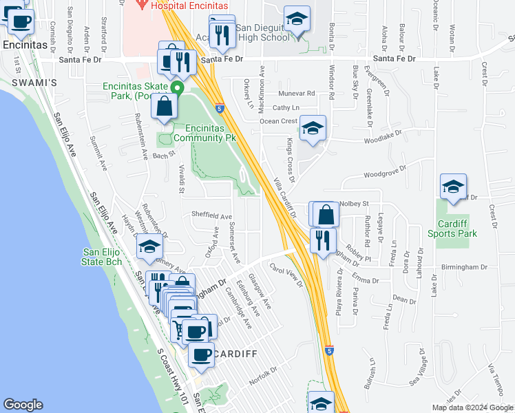 map of restaurants, bars, coffee shops, grocery stores, and more near 1622 Mackinnon Avenue in Encinitas