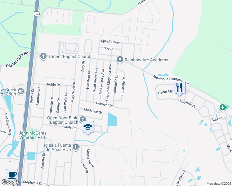 map of restaurants, bars, coffee shops, grocery stores, and more near 144 Marinella Drive in Goose Creek
