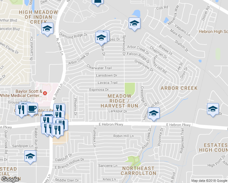 map of restaurants, bars, coffee shops, grocery stores, and more near 2024 Espinosa Drive in Carrollton