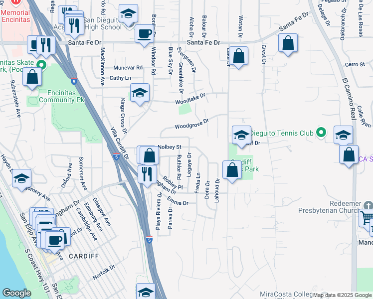 map of restaurants, bars, coffee shops, grocery stores, and more near 1604 Legaye Drive in Encinitas