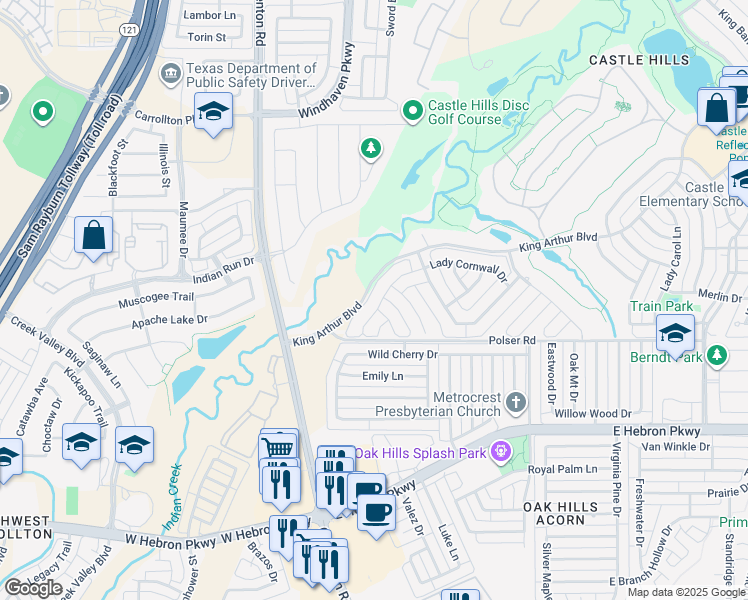 map of restaurants, bars, coffee shops, grocery stores, and more near 2224 Lady Cornwall Drive in Lewisville