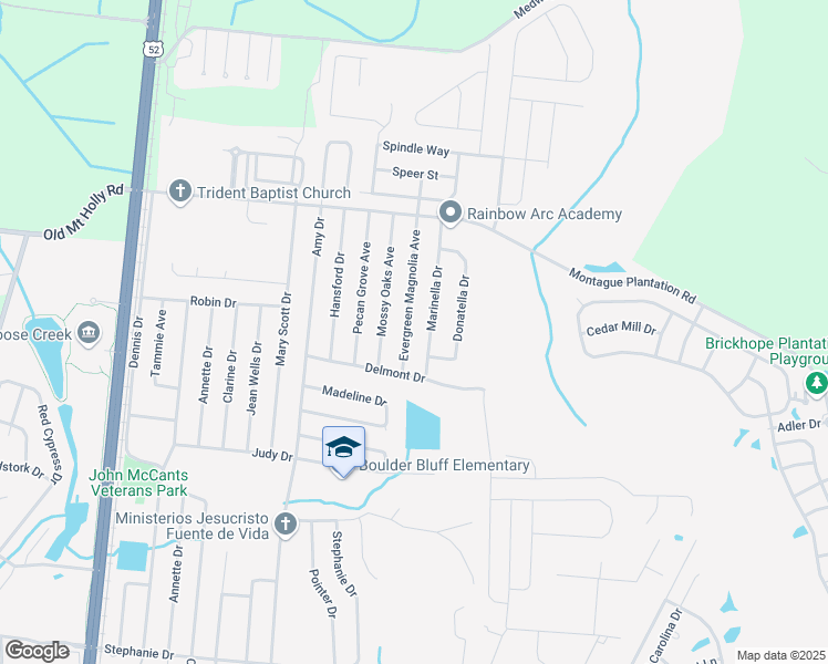 map of restaurants, bars, coffee shops, grocery stores, and more near 116 Evergreen Magnolia Avenue in Goose Creek