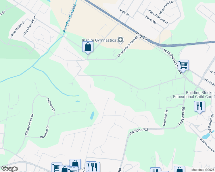 map of restaurants, bars, coffee shops, grocery stores, and more near 285 Pidgeon Bay Road in Summerville