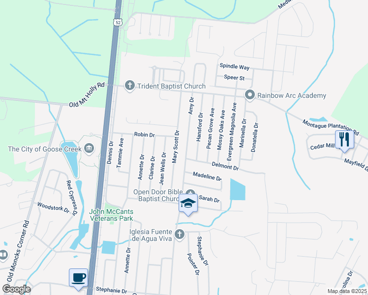 map of restaurants, bars, coffee shops, grocery stores, and more near 513 Amy Drive in Goose Creek