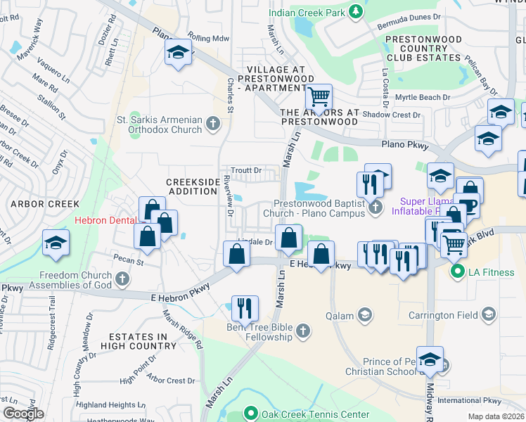 map of restaurants, bars, coffee shops, grocery stores, and more near 4248 Colton Drive in Carrollton