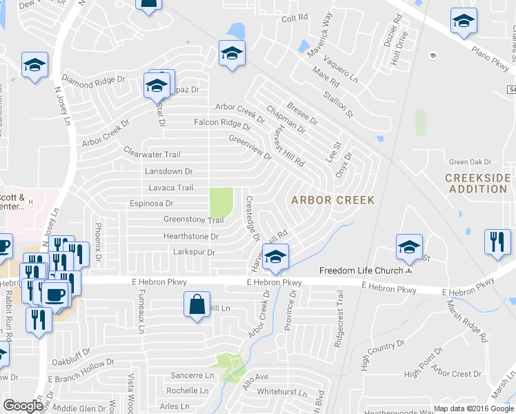 map of restaurants, bars, coffee shops, grocery stores, and more near 2102 Fawn Ridge Trail in Carrollton