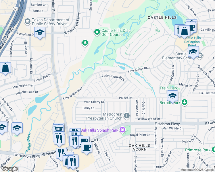 map of restaurants, bars, coffee shops, grocery stores, and more near 1121 Morgan Lefay Lane in Lewisville