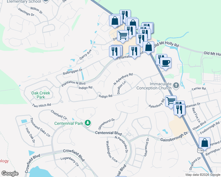 map of restaurants, bars, coffee shops, grocery stores, and more near 831 North Aylesbury Road in Goose Creek