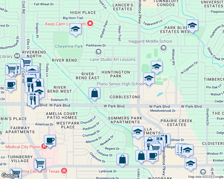 map of restaurants, bars, coffee shops, grocery stores, and more near 3316 Kingsbridge Drive in Plano