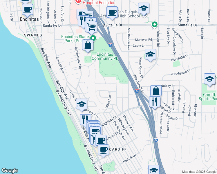 map of restaurants, bars, coffee shops, grocery stores, and more near 502 Sheffield Avenue in Encinitas