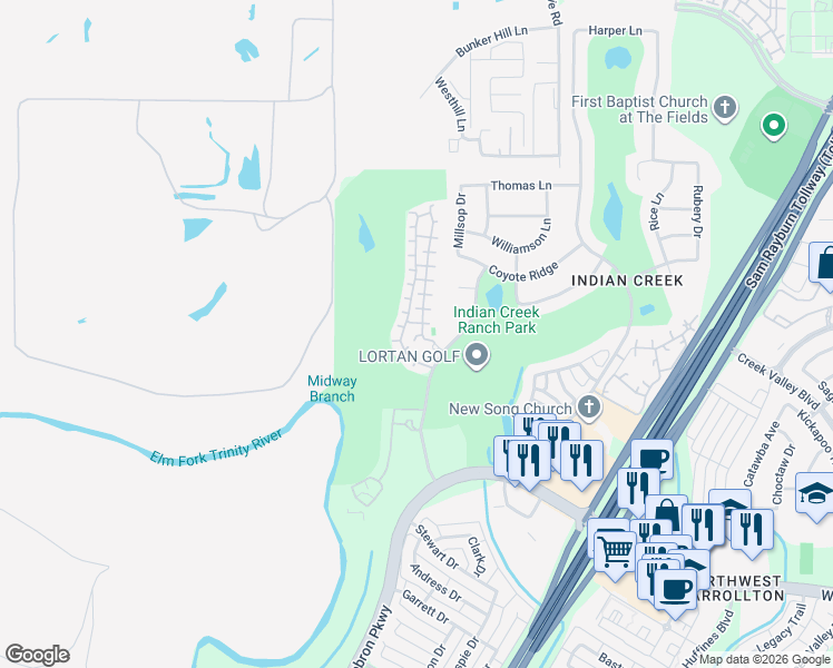 map of restaurants, bars, coffee shops, grocery stores, and more near 4253 Hunt Dr in Carrollton