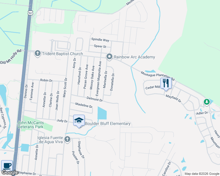 map of restaurants, bars, coffee shops, grocery stores, and more near 237 Donatella Drive in Goose Creek