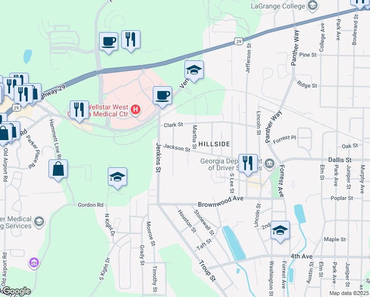 map of restaurants, bars, coffee shops, grocery stores, and more near 1710 Jackson Street in LaGrange