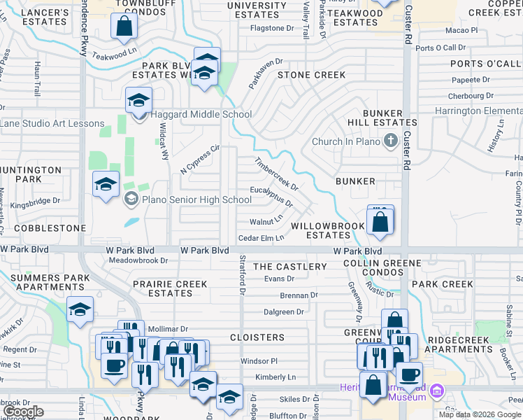 map of restaurants, bars, coffee shops, grocery stores, and more near 2616 Pin Oak Lane in Plano