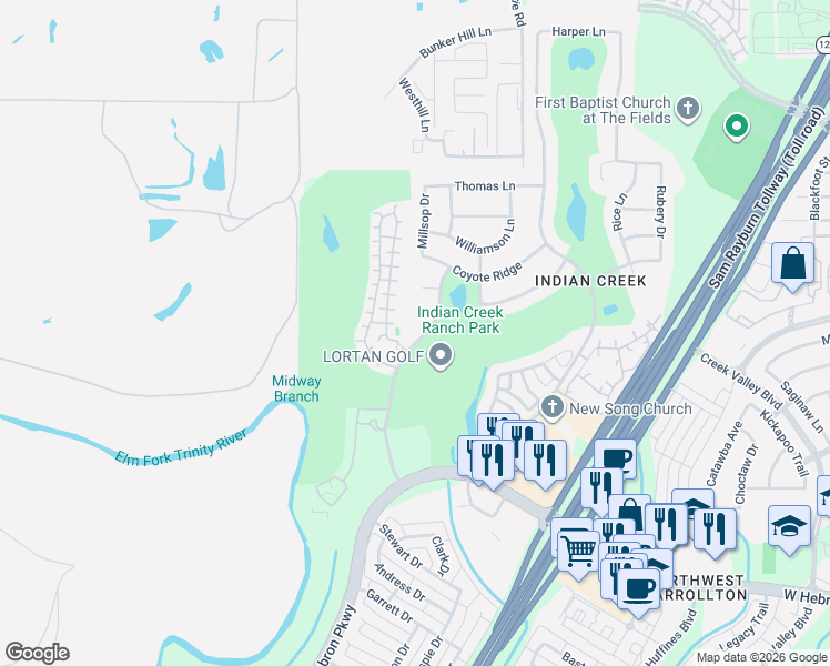 map of restaurants, bars, coffee shops, grocery stores, and more near 4257 Hunt Drive in Carrollton