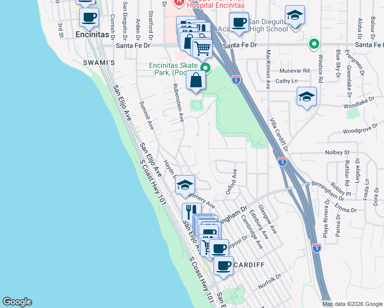 map of restaurants, bars, coffee shops, grocery stores, and more near 1660 Brahms Road in Encinitas
