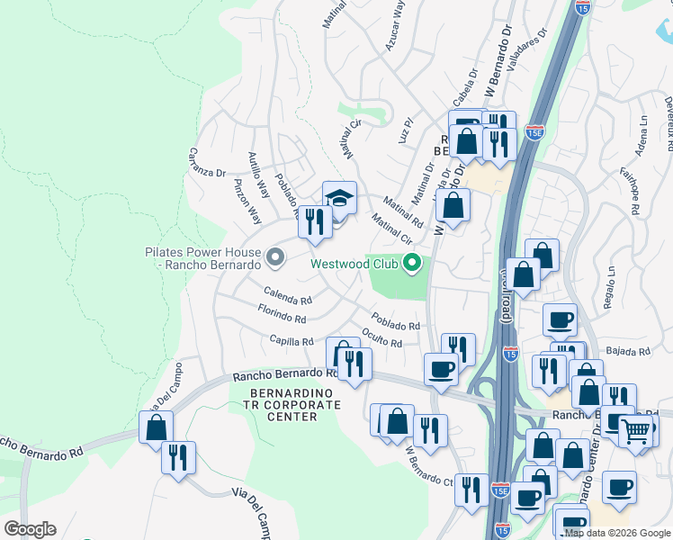 map of restaurants, bars, coffee shops, grocery stores, and more near 11272 Poblado Road in San Diego