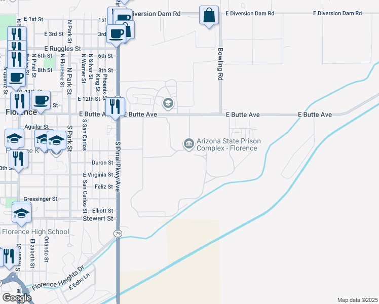 map of restaurants, bars, coffee shops, grocery stores, and more near 1305 East Butte Avenue in Florence