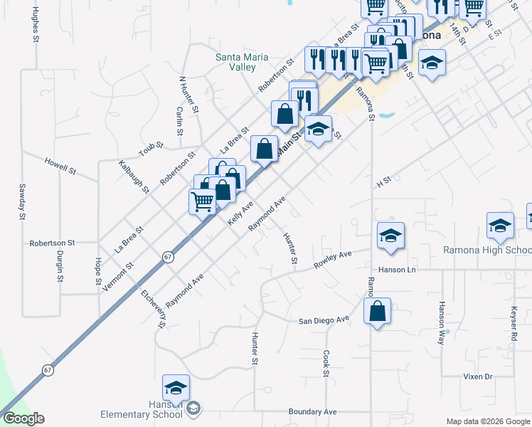 map of restaurants, bars, coffee shops, grocery stores, and more near Raymond Avenue in Ramona