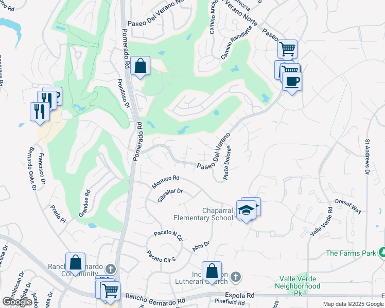 map of restaurants, bars, coffee shops, grocery stores, and more near 17452 Plaza Cerado in San Diego