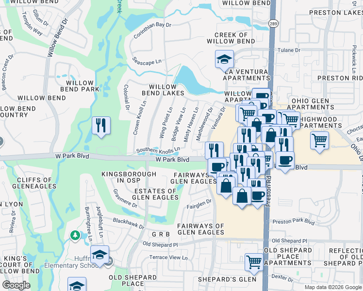 map of restaurants, bars, coffee shops, grocery stores, and more near 2009 Misty Haven Lane in Plano