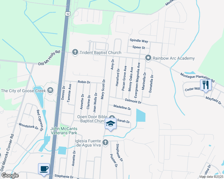 map of restaurants, bars, coffee shops, grocery stores, and more near 513 Amy Drive in Goose Creek