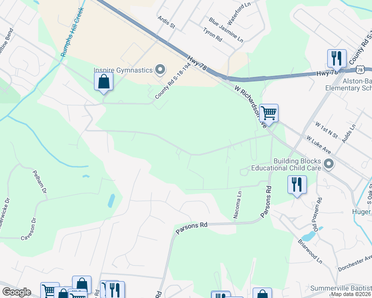 map of restaurants, bars, coffee shops, grocery stores, and more near 209 Pidgeon Bay Road in Summerville