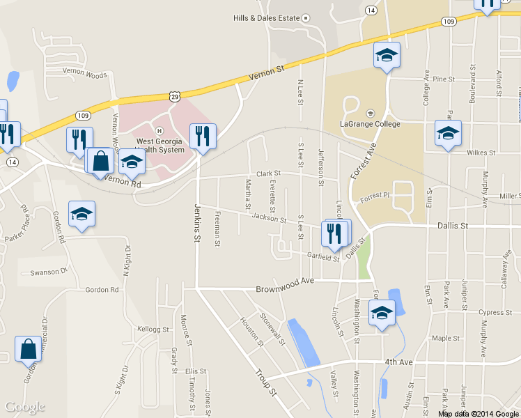 map of restaurants, bars, coffee shops, grocery stores, and more near 1612 Jackson Street in LaGrange