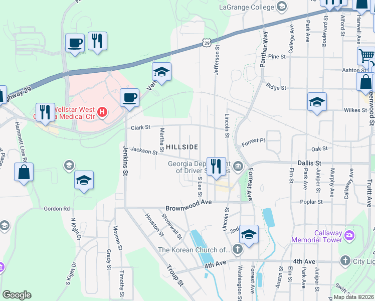 map of restaurants, bars, coffee shops, grocery stores, and more near 519 Everette Street in LaGrange