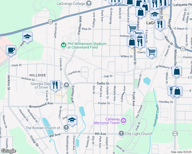 map of restaurants, bars, coffee shops, grocery stores, and more near 611 Elm Street in LaGrange