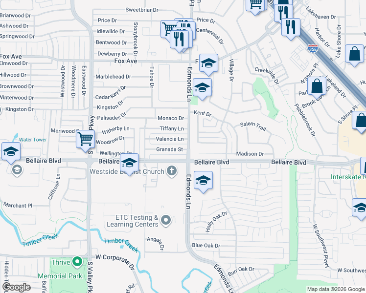 map of restaurants, bars, coffee shops, grocery stores, and more near 1207 Granada Street in Lewisville