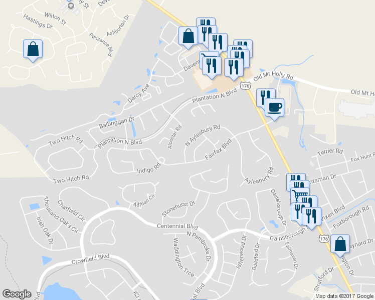 map of restaurants, bars, coffee shops, grocery stores, and more near 831 North Aylesbury Road in Goose Creek
