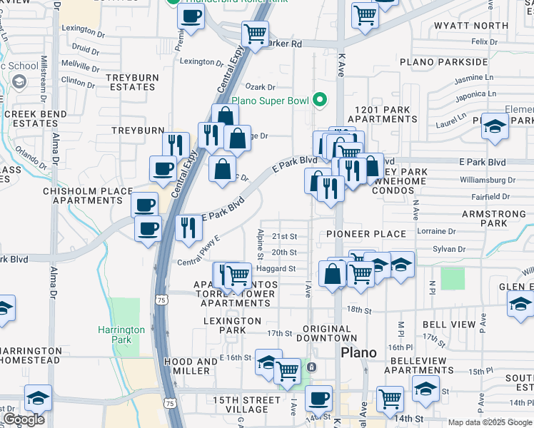 map of restaurants, bars, coffee shops, grocery stores, and more near 830 Central Parkway East in Plano
