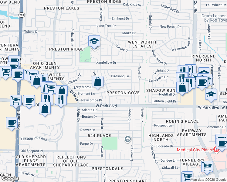 map of restaurants, bars, coffee shops, grocery stores, and more near 4440 Fremont Lane in Plano