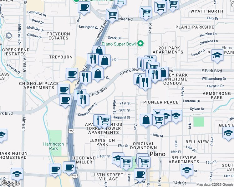 map of restaurants, bars, coffee shops, grocery stores, and more near 830 Central Parkway East in Plano