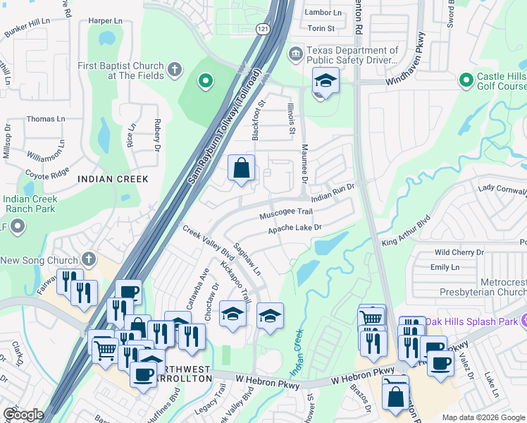 map of restaurants, bars, coffee shops, grocery stores, and more near 1204 Muscogee Trail in Carrollton