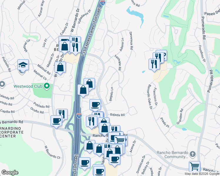 map of restaurants, bars, coffee shops, grocery stores, and more near 17359 Bernardo Vista Drive in San Diego