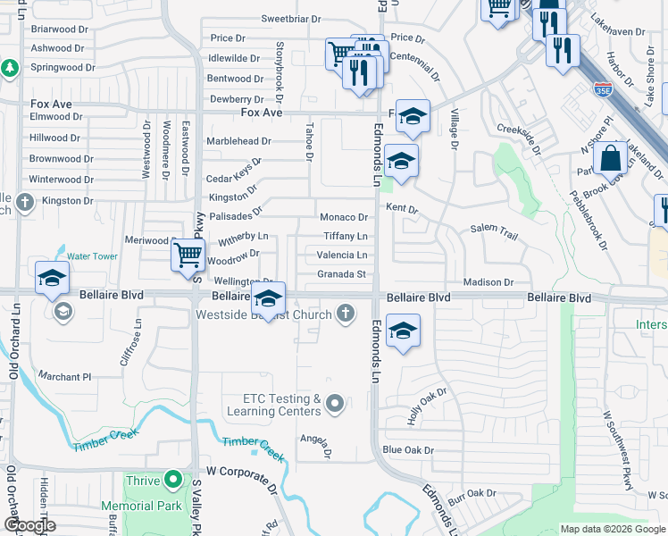 map of restaurants, bars, coffee shops, grocery stores, and more near 1249 Granada Street in Lewisville