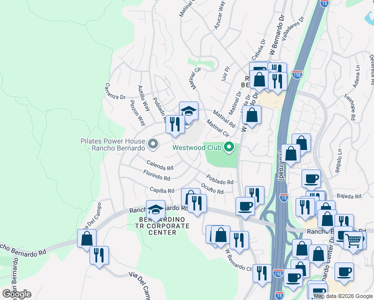 map of restaurants, bars, coffee shops, grocery stores, and more near 11272 Poblado Road in San Diego