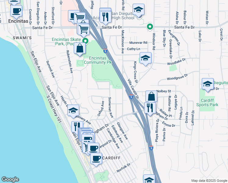 map of restaurants, bars, coffee shops, grocery stores, and more near 1625 Somerset Avenue in Encinitas