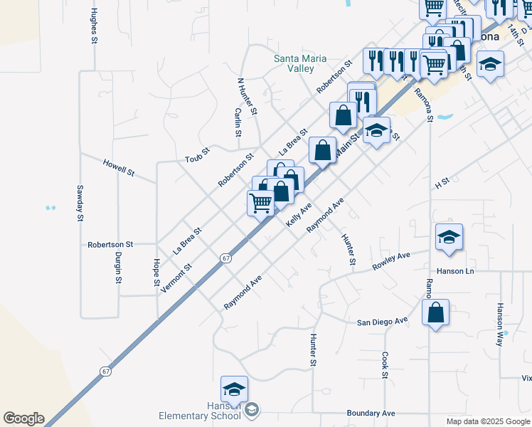 map of restaurants, bars, coffee shops, grocery stores, and more near 2291 Main Street in Ramona