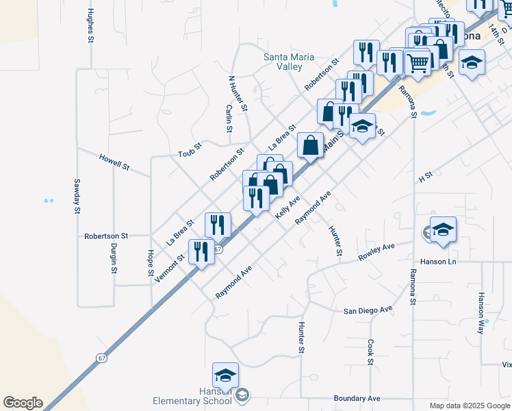 map of restaurants, bars, coffee shops, grocery stores, and more near 2291 Main Street in Ramona