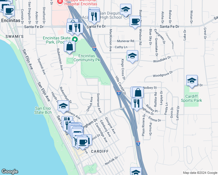 map of restaurants, bars, coffee shops, grocery stores, and more near 1622 Mackinnon Avenue in Encinitas