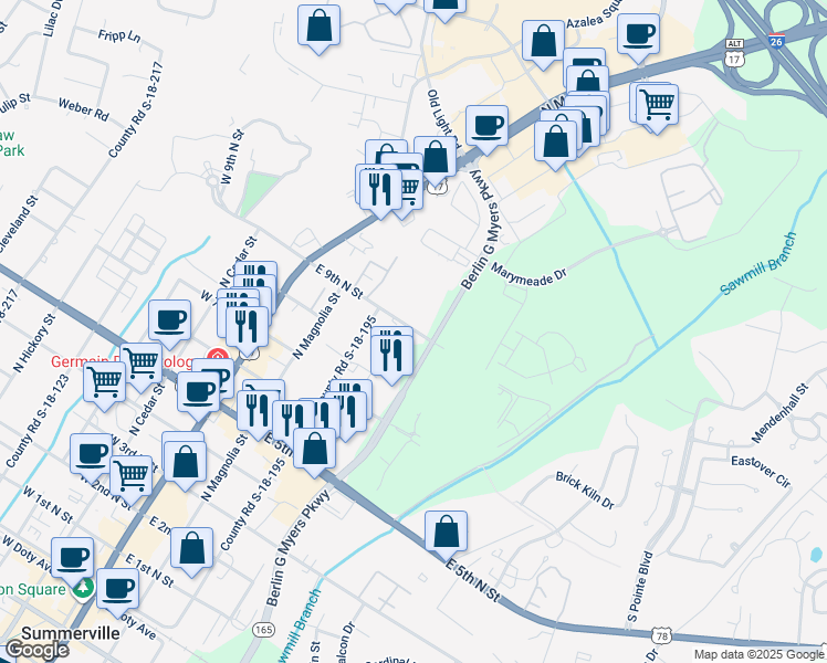 map of restaurants, bars, coffee shops, grocery stores, and more near 1005 North Gum Street in Summerville