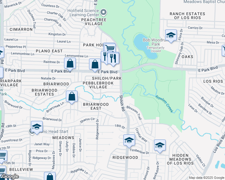 map of restaurants, bars, coffee shops, grocery stores, and more near 3501 Rockbrook Drive in Plano