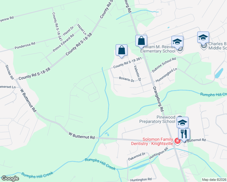 map of restaurants, bars, coffee shops, grocery stores, and more near 130 Sarmiento Lane in Summerville